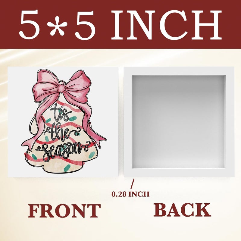 FXEFXE Pink Christmas Decor, Christmas Decorations Indoor, Coquette Bow Xmas Tree Cakes Sign Gift for Women Friends, Rustic Farmhouse Wooden Box Sign for Home Office Bedroom Desk Decor 5x5 Inches - Image 2